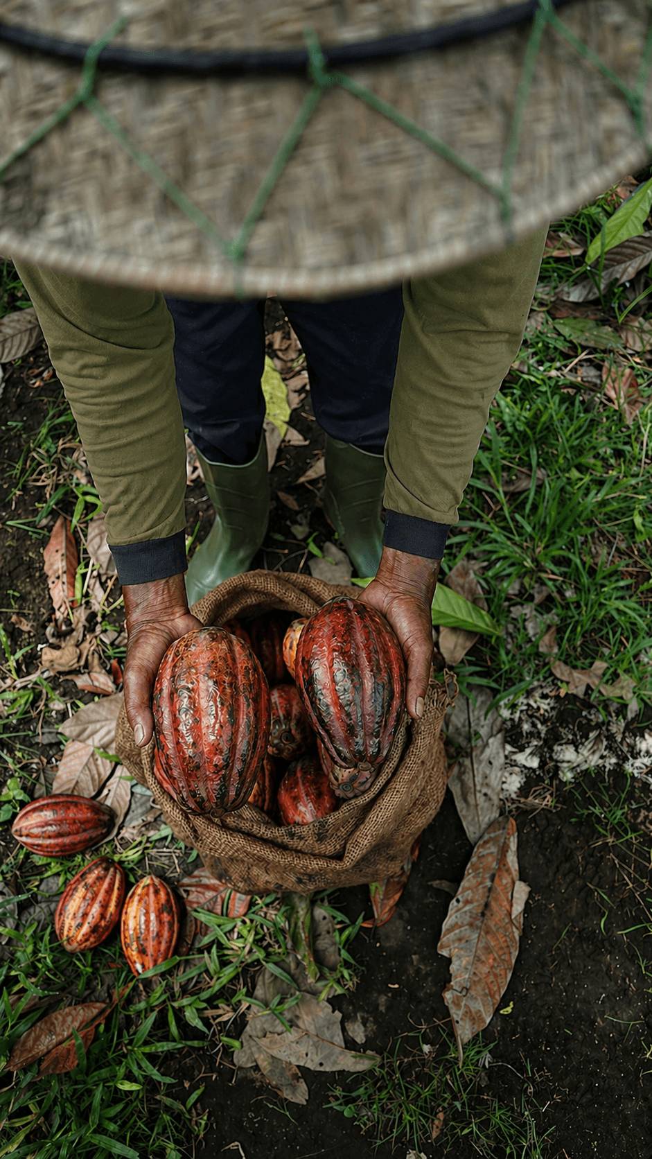 A cacao farmer during post-harvest fermentation